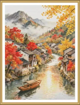 Autumn in Ancient Water Town 14CT 16CT 18CT Printed On Canvas Cross Stitch DIY Set Needlework Embroidery 133 Colors